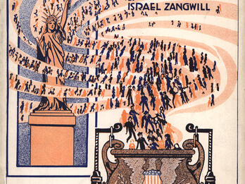 Page with English title and image of crowd of people emerging from a pot next to the Statue of Liberty.
