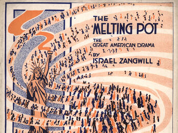 Page with English title and image of crowd of people emerging from a pot next to the Statue of Liberty.