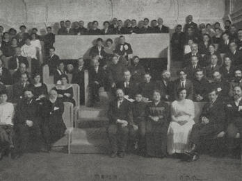 The First Habima Theater Audience Photograph of many people sitting in rows.