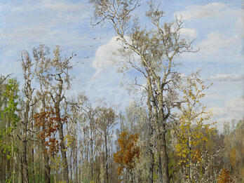 Painting of wooded landscape with path through the middle, and several women on either side sitting and walking.
