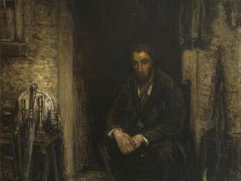 A Son of the Ancient Race Portrait painting of figure seated in doorway next to several umbrellas.