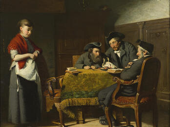 Painting of young woman standing next to three men seated at a table with open books.