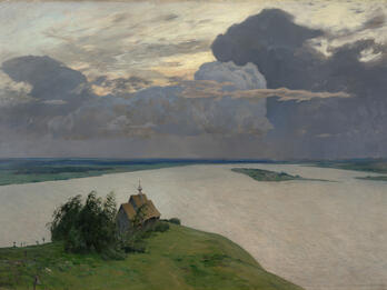 Above Eternal Peace Landscape painting of house overlooking water.