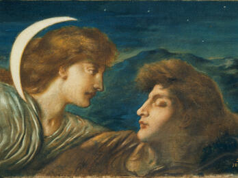 The Moon and Sleep Painting of two faces close together, one of whom has a crescent moon above their head.