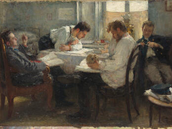 The Night before the Exam Painting of four men sitting around a table holding books, a skull, and other implements.