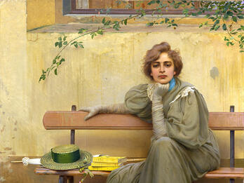 Dreams Portrait painting of woman with her face resting on her fist, seated on a bench next to her books, hat, and umbrella.