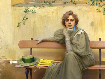 Portrait painting of woman with her face resting on her fist, seated on a bench next to her books, hat, and umbrella.