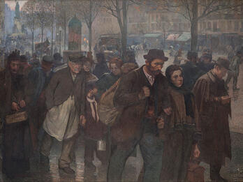 Painting of men and women wearily walking through the street.