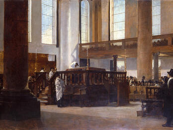 Silent Prayer, Synagogue of Amsterdam, “The Amidah” Painting of large interior space, with several men sitting on benches and standing around central platform in prayer shawls.