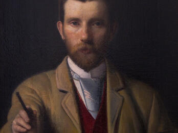 Self-Portrait with a Palette Portrait painting of man in tie looking at viewer, holding paintbrush in one hand and palette in the other.