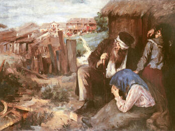 The Day after the Pogrom (Yard in Ruins and Bereaved Family) Painting of woman crying next to man and child amid ruins in foreground, and city in background.