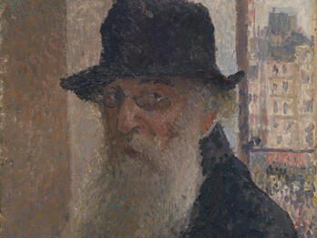 Portrait painting of bearded man in hat and glasses, and cityscape visible through window behind him.