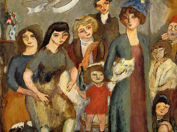 Painting of several women facing viewer, and cherub overhead.