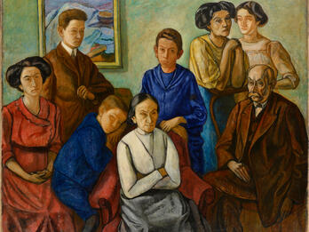 Painting of eight figures sitting and standing close together and facing viewer.
