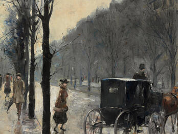 Am Kurfürstendamm Painting of city street, with woman crossing street and wagon and horse in center.