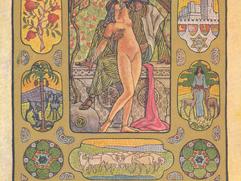 Illustration of nude woman embraced by clothed, turbaned man, surrounded by border of geometric shapes, animals, cityscapes, and plants, and Hebrew text on the bottom.