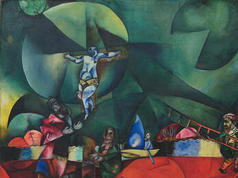 Painting of man on cross surrounded by geometric shapes and two figures in foreground.
