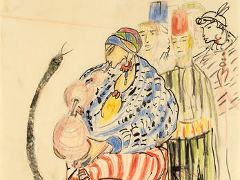 Abstract illustration of figure charming a snake while three figures observe in the background.