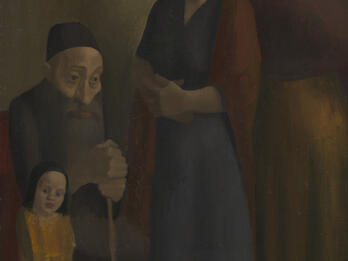Jewish Family Painting of child standing and woman in headcovering standing on either side of a man in head covering sitting with cane.