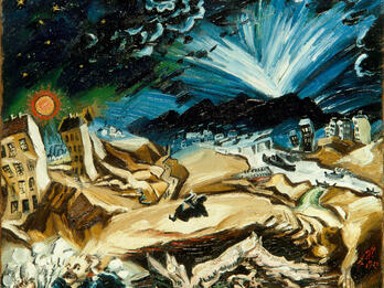 Apokalyptische Landschaft (Apocalyptic Landscape) Painting of sagging buildings, uneven ground, and an explosion in the background.