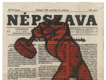Page from Hungarian newspaper with text overlaid by image of strong man wielding a hammer.