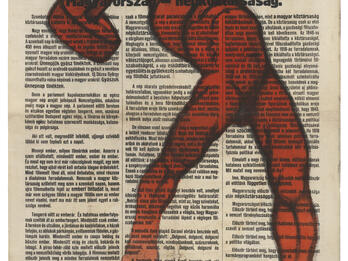 Red Hammer Man with Chains Page from Hungarian newspaper with text overlaid by image of strong man wielding a hammer.