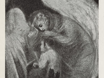 Painting of angel with hand resting on the head of a young boy seated on a barrel.