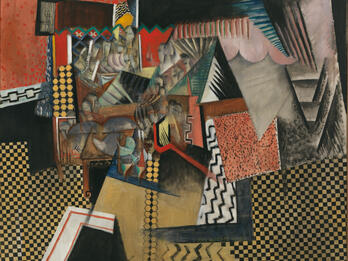 Abstract painting of fragmented forms and patterned sections, some with a checkered pattern.