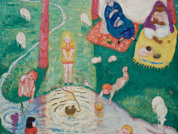Easter Picture Painting of several people and animals dotted around landscape of ponds, trees, and hills.