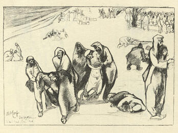 Drawing of gaunt figures walking together in small groups in large open space.