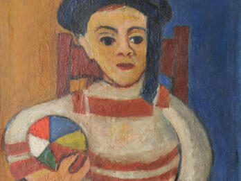 Boy Holding a Ball Painting of boy with hat seated and holding a ball.