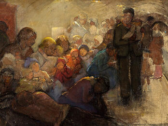Air Raid Shelter Painting of men, women, and children crowded together.
