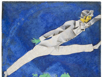 The Traveler Painting of stylized figure in profile leaping through the air over rooftops.