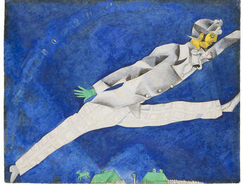 Painting of stylized figure in profile leaping through the air over rooftops.