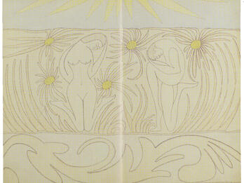 Adam and Eve Drawing with line down center separating two nude figures among flowers.