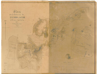 Plan for the Zikhron Ya‘akov Settlement and Its Buildings Faded map with outline of city and French words in top left corner.