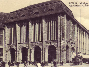 Wertheim Department Store (Exterior) Postcard depicting exterior of building with many columns built into its walls.