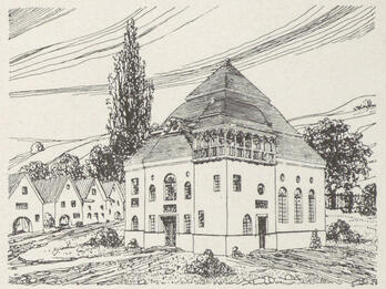 Synagogue of the Old Cemetery of Lemberg (L'viv) (Reconstruction) Illustration of large building set along row of smaller buildings and trees.