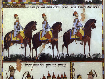 Purim Story Painting Painting in three horizontal panels, featuring a king on throne, a queen, several figures on horseback, and a hanging of a man on the bottom right.