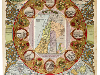 Image with map of Israel in center, surrounded by smaller maps, drawings of sandstone buildings, and decorative flourishes.