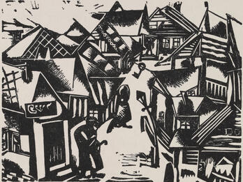 Shtetl Woodcut of village.