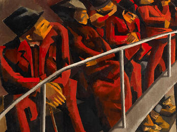 Painting of theater audience seated in balcony.