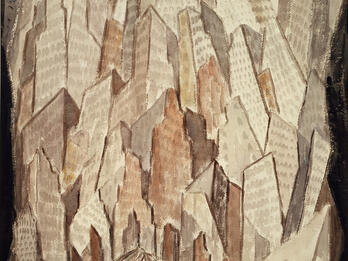 Metropolis No. 2 Watercolor of stacked skyscrapers.