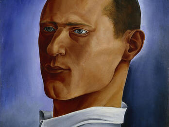 Self-Portrait Portrait painting of a man dressed in a collared shirt looking to his right.