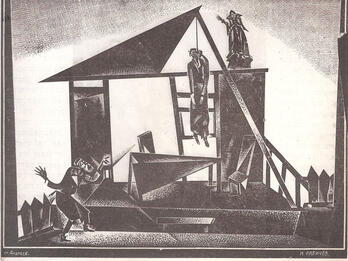 Set Design for Sholem Aleichem’s Get (Divorce) Print of stage design including hanged man and man on ground looking up gasping in horror.