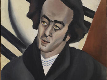Poet Avraham Shlonsky Portrait painting of man holding cigarette.