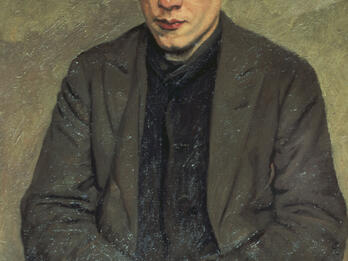 Barnett Freedman Portrait painting of man wearing glasses and suit jacket, gazing downward with his hands folded in lap.