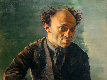 Painting of man sitting sideways in chair facing viewer with hands interlocked.
