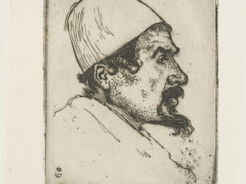 Yemenite Jew Etching of man with beard wearing a hat in profile.
