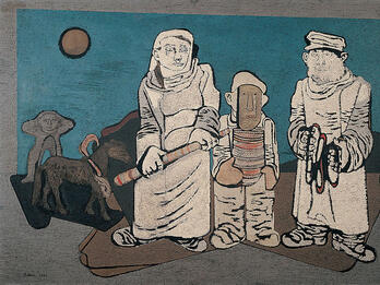 Purim Spiel (Purim Play) Painting of three figures holding objects with horse, Egyptian sphinx and moon in background.